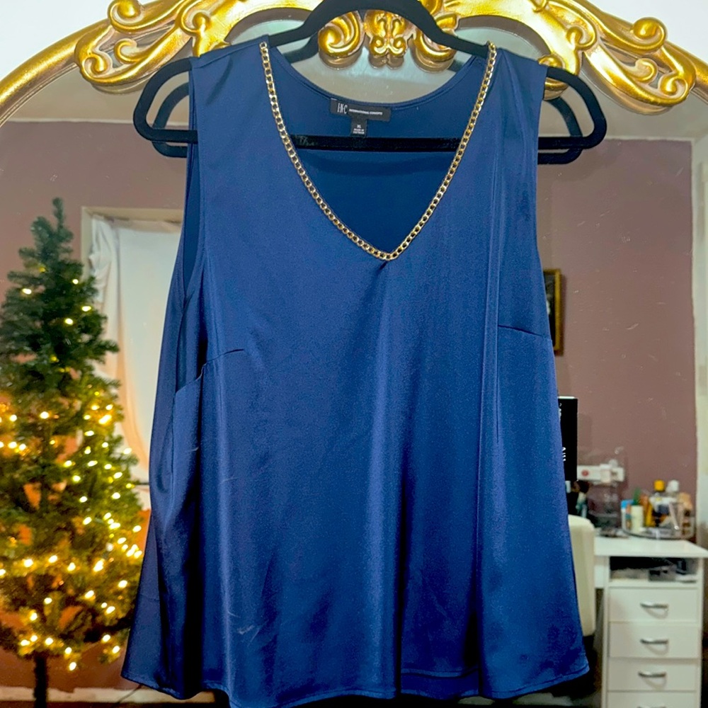 INC indigo top with gold chain neckline details NWT 💙